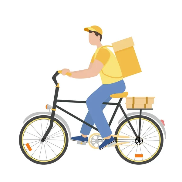 Doručení kurýr na kole, kolo s krabicí v plochém stylu izolované na bílém pozadí stock vektorové ilustrace. Dodávka, eco, logistické consept. — Stockový vektor