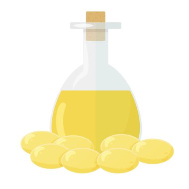 İçinde sıvı balık yağı olan cam şişe ve beyaz arkaplan vektör illüstrasyonuna yakın haplar. Sağlık, ilaç, vitamin konsepti