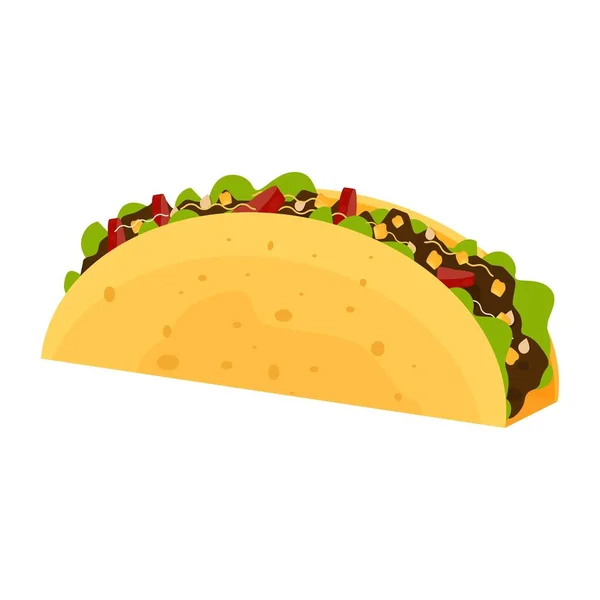 Taco stock vector illustrazione in stile piatto. Cibo tipico messicano, pasto tradizionale, merenda, isolato su sfondo bianco. Taco fast food . — Vettoriale Stock