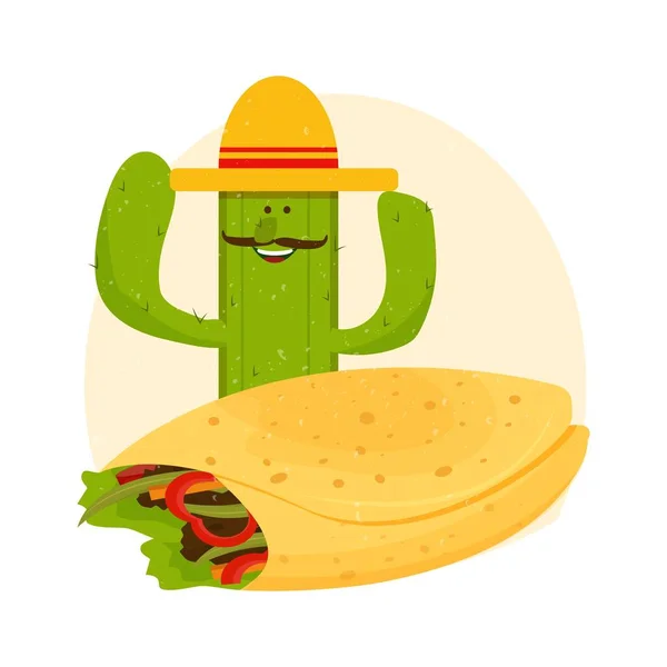 Burrito en glimlachende karakter cactus met snor in sombrero voorraad vector illustratie geïsoleerd op witte achtergrond. Traditionele Mexicaanse maaltijd, fastfood. Helder en positief clipart, samenstelling. — Stockvector
