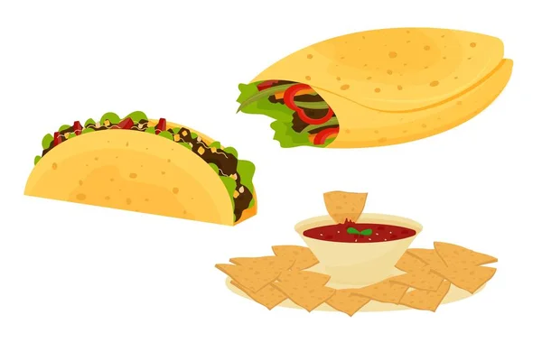 Makanan tradisional Meksiko yang diset dengan Burrito, Tacos, Nachos diisolasi pada gambar vektor stok latar belakang putih. Cerah, penuh warna makanan cepat saji, masakan khas. - Stok Vektor