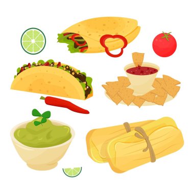 Meksika yemekleri, tako, burrito, guacamole, tamale, limon, domates ve beyaz arkaplan vektör illüstrasyonunda izole edilmiş kırmızı biber..