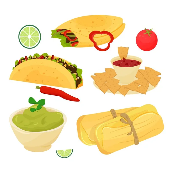 Set de platos mexicanos, taco de comida, burrito, guacamole, tamal, nachos decorados con lima, tomate, chile aislado sobre fondo blanco vector ilustración . — Vector de stock