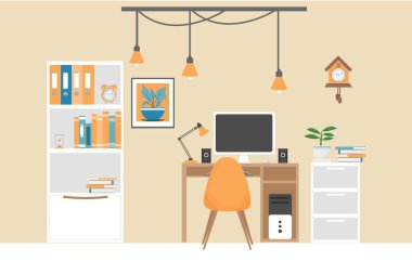Modern ofis içi, masa, bilgisayar, çatı katı dekorasyonu, bitki, saat, kitaplar, kitaplık vektör çizimi olan işyeri. Bir sürü farklı nesne ile boş.