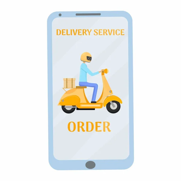 Smartphone, telefone com correio de entrega em scooter. Entrega, aplicação, conceito de ordem. Gráfico vetor de estoque ilustração de serviço online — Vetor de Stock