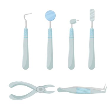 Diş, stomatoloji, tıbbi aletler, beyaz arkaplan vektör illüstrasyonunda izole edilmiş ekipmanlar. Tasarım için nesneler. Muayene ve sağlık hizmetleri için profesyonel araçlar.