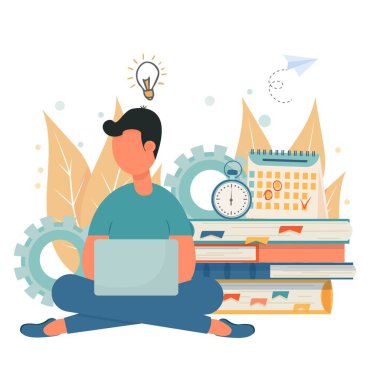 E-öğrenme, eğitim, kişisel üretkenlik kavramı. Genç bir adam, dizüstü bilgisayarla oturmuş kitapların yanında vektör çizimi yapıyor. Sınavlara hazırlık, çevrimiçi kurslar, modern yaşam tarzı.