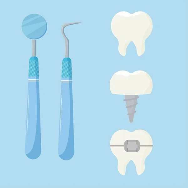 Набор стоматологических, стоматологических инструментов и зубов изолирован векторной иллюстрацией запаса. Зубной имплантат, с брекетами, белый. Здравоохранение, оборудование — стоковый вектор