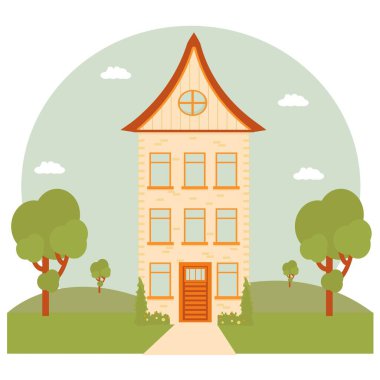 Bina, ev, ağaçlar ve doğa vektör illüstrasyonuyla pozitif, güneşli bir kompozisyon. Kır manzarası, sakin. Pencereli, kapılı, çatılı cephe.