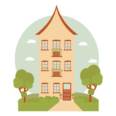 Bina, ev, ağaçlar ve doğa vektör illüstrasyonuyla pozitif, güneşli bir kompozisyon. Kır manzarası, sakin. Pencereli, kapılı, çatılı cephe.