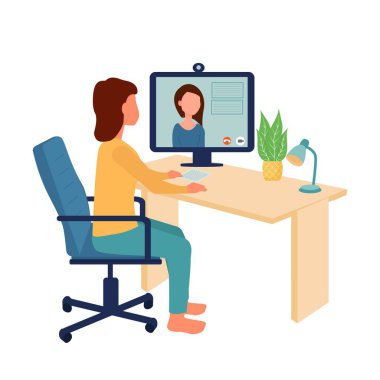 Ofis sandalyesinde oturan bir kadın monitörün yanında, online video konferansı izliyor, webinar izliyor. Eğitim, iş yeri konsepti, hisse vektör illüstrasyonu düz arka planda izole edilmiş.
