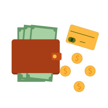 Cüzdanında banknotlar, bozuk paraların yanında cüzdan ve beyaz arka plan stok vektör illüstrasyonunda izole edilmiş kredi kartı. Basit düz stil. Grafik bankacılık, ekonomi konsepti.