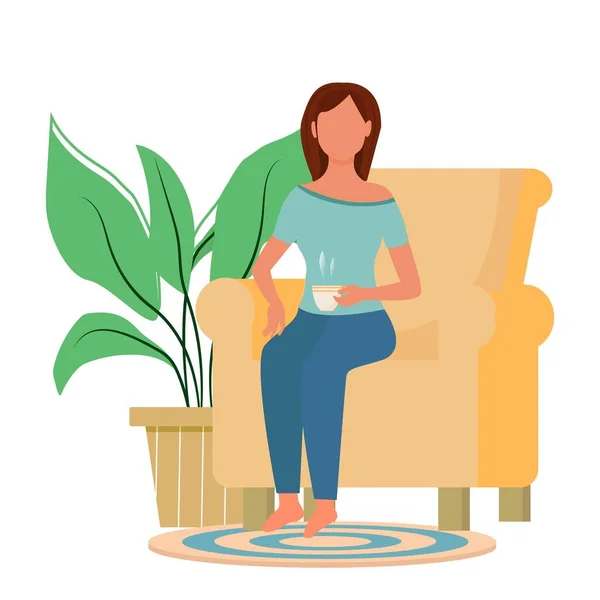 Vrouw in fauteuil met kopje warme drank voorraad vector illustratie geïsoleerd op witte achtergrond. Comfortabele vakantie, gezellige ontspannen, indoor casual levensstijl in platte stijl. — Stockvector