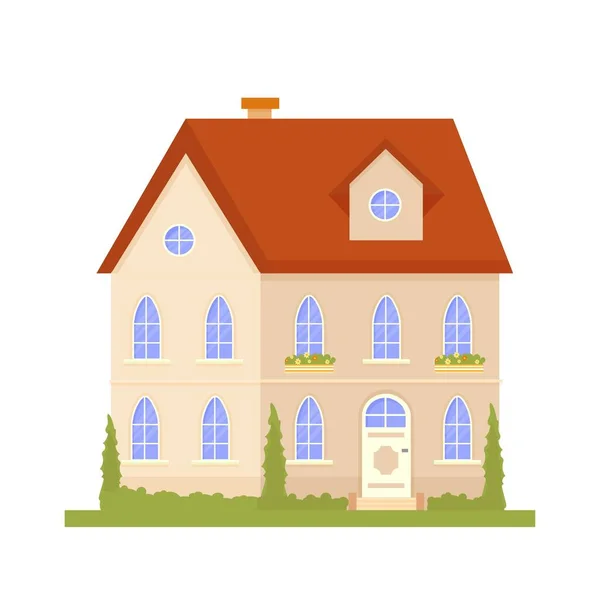 Composizione positiva e soleggiata con carattere di edificio, casa, alberi e natura stock vector illustrazione. Paesaggio rurale, residente. Facciata con finestre, porta, tetto . — Vettoriale Stock