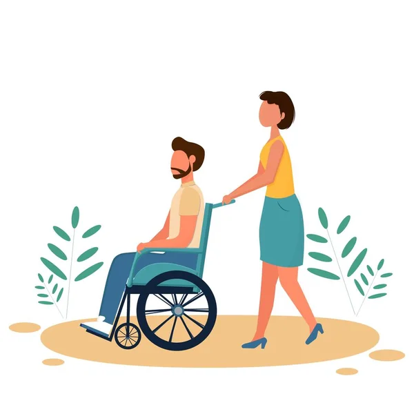 Uomo disabili con amico o volontario. Stile di vita positivo con malattia fisica. Design vettoriale in stile piatto nei colori blu — Vettoriale Stock