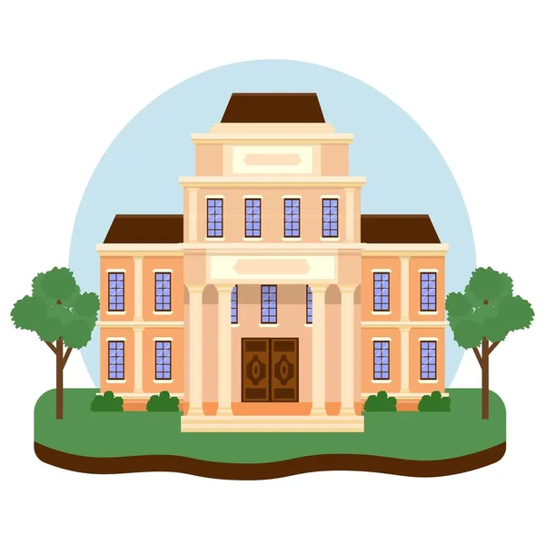 Edificio de museo en diseño vectorial. Arquitectura gráfica, lugar público, historia. Decorado con columnata. Antiguo palacio. Ilustración geométrica . — Vector de stock