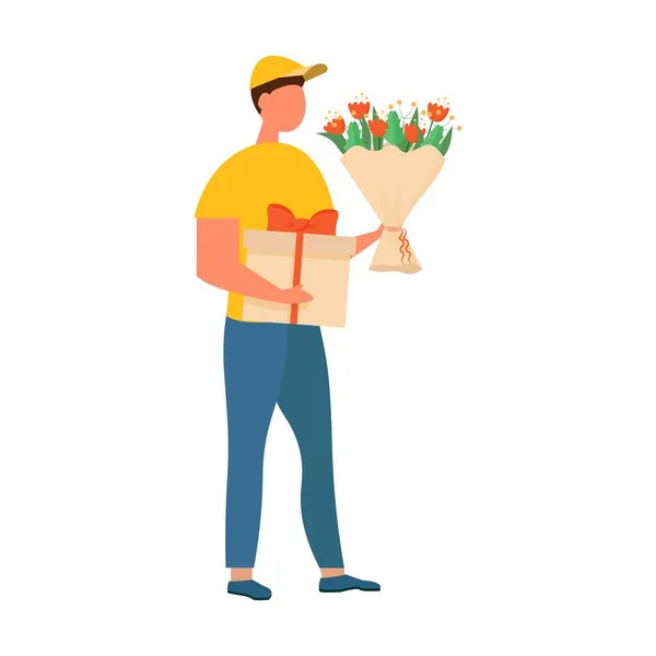 Παράδοση λουλουδιών courier με μπουκέτο και παρόν απομονώνονται σε λευκό φόντο εικονογράφηση διάνυσμα απόθεμα. Υπηρεσία παράδοσης, σε απευθείας σύνδεση, έννοια παράδοσης λουλουδιών ψηφιακό κλιπ — Διανυσματικό Αρχείο