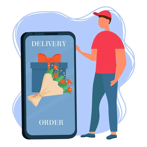 Phone with present and bouquet near standing courier, flowers and present online service, app, delivery concept, advertising isolated on white background stock vector illustration — Stock Vector