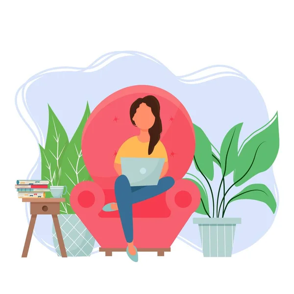Женщина, сидящая в кресле и использующая векторную иллюстрацию к ноутбуку. Фриланс, концепция онлайн-приложения. Яркая и стильная цифровая уютная композиция, интерьер в квартире. — стоковый вектор