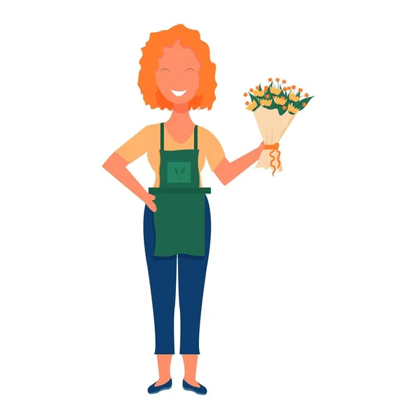 Ελκυστική γυναίκα στέκεται και κρατώντας μπουκέτο λουλούδια στα χέρια. Ανθοπωλείο, ανθοπωλείο έννοια υπηρεσία απόθεμα διανυσματική απεικόνιση απομονωμένο σε λευκό φόντο. — Διανυσματικό Αρχείο