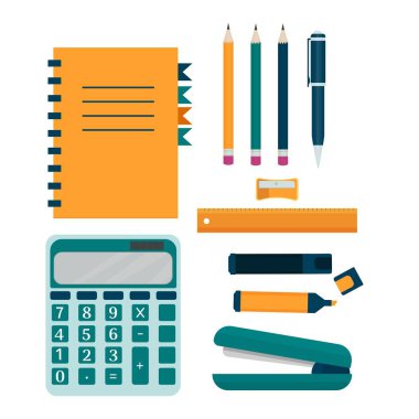 Renkli, şık ofis ekipmanları kalem, kalem, defter, keçeli kalem, kalem açacağı, hesap makinesi, beyaz arkaplan vektör ilüstrasyonunda izole edilmiş zımba.