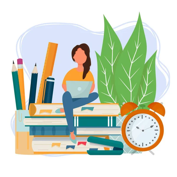 Kitapların üzerinde oturan kadın, dizüstü bilgisayarının yanında alarm, kalem, kalem, cetvel. Parlak renkli kompozisyon stok vektör çizimi. E-öğrenme, çevrimiçi kurslar, düz stil eğitim kavramı. — Stok Vektör