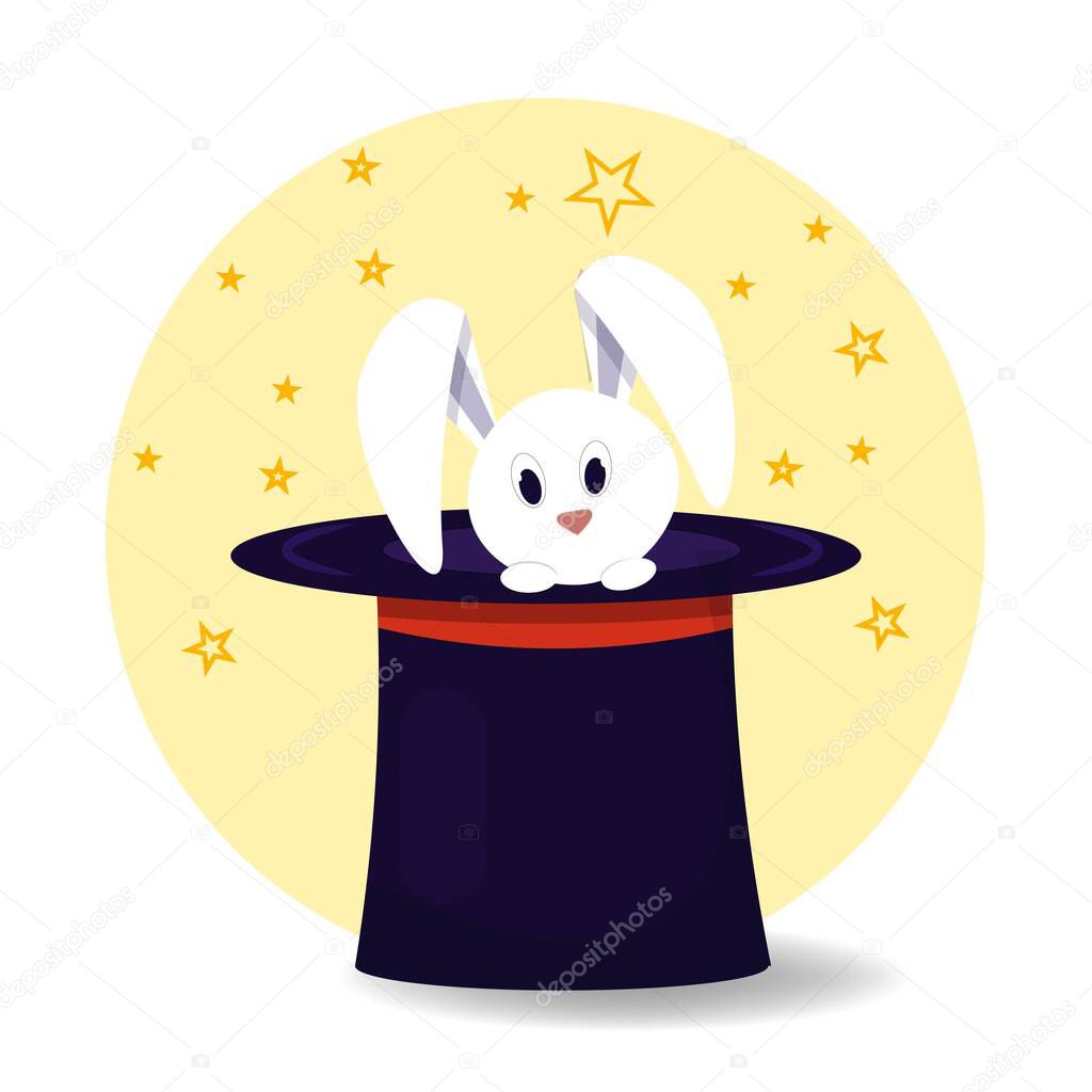 White cute rabbit in magic hat stock vector illustration. Entertainment, Illusionist show in flat style. Abracadabra and mistery, positive composition