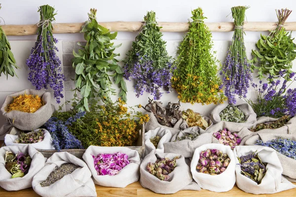 Healing medical herbs in a linen sacks — Stock Photo, Image