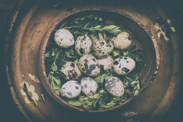 Vintage Chicken Turkey Quail Eggs Wooden Bowl Stock Image