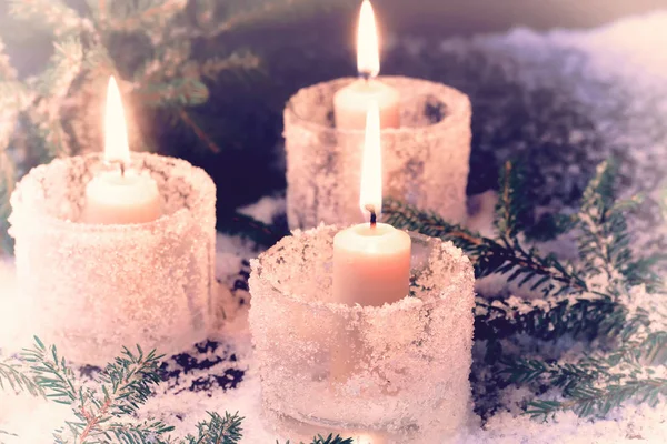 Christmas candle fir tree winter background — Stock Photo, Image