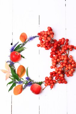 Çilek meyve yaprakları ve çiçekleri Beyaz ahşap arka plan görünüm yukarıdan Sonbahar çelenk süslenmiş