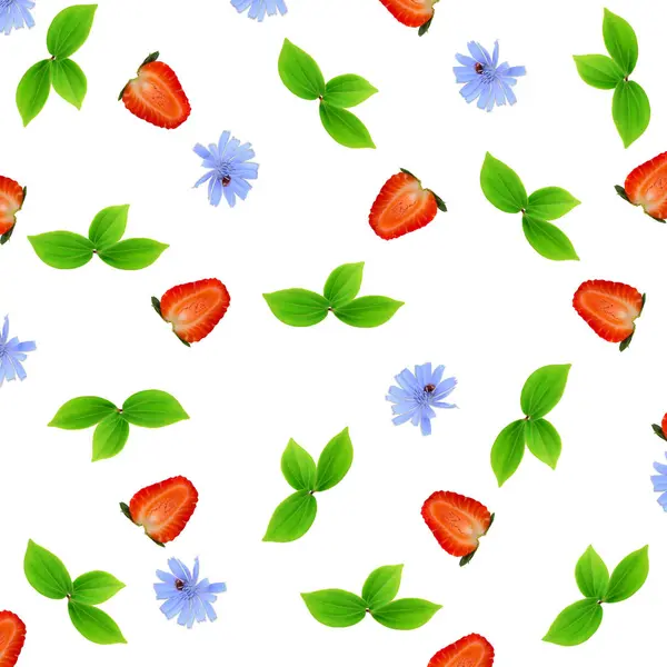 フラット スタイルの白い背景平面図に分離されたイチゴの緑の葉の花の夏パターン — ストック写真