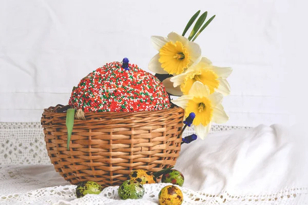 Easter cake painted eggs daffodils spring composition rustic retro style