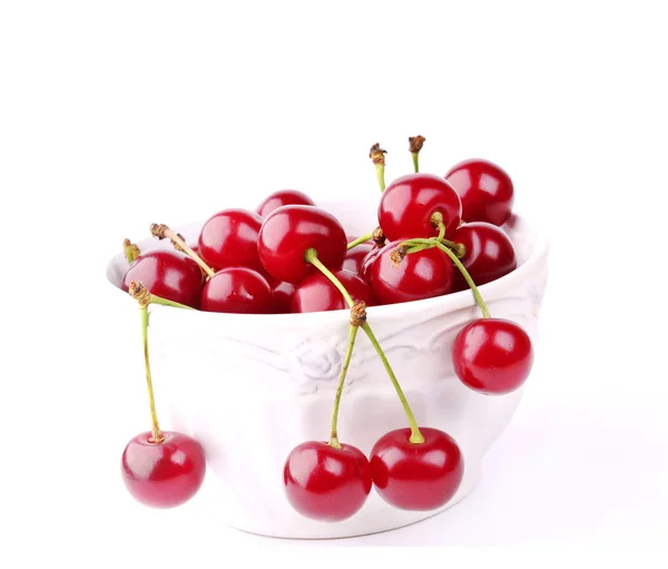 Cherry in ceramic bowl isolated on white background — Stock Photo, Image