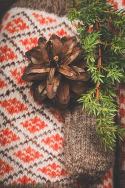Sıcak Noel arkaplanı. Kış kompozisyonu örgü eldivenler, ladin dalları ve koniler