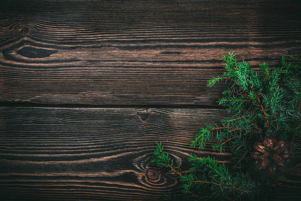 Tannenbaum-Zweig Tannenzapfen auf Holzgrund — Stockfoto