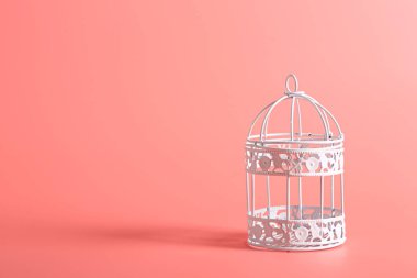 Pembe arka planda beyaz dekoratif demir kuş kafesi