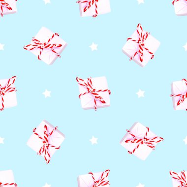 Noel arkaplan modeli. Mavi arka planda kurdelesi olan bir hediye kutusundan kış kompozisyonu. minimal izometrik konsept