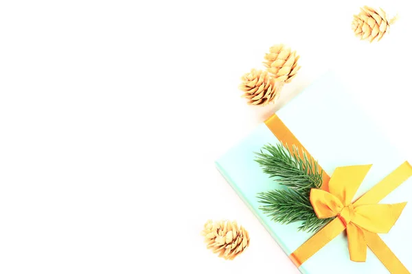 Christmas holiday composition gift box with spruce branch and cones on a white background. minimalistic holiday concept — Stock Photo, Image