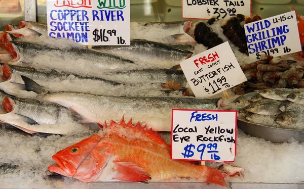 Assorted Fish on Ice at Fish Market — Stock Photo, Image