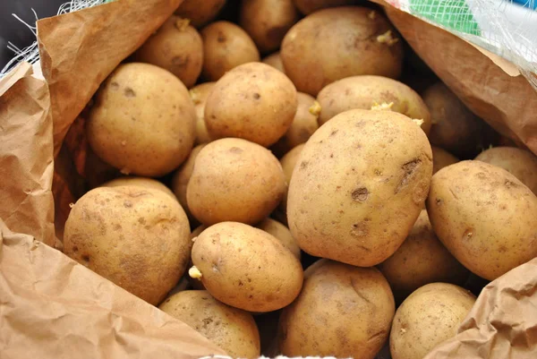 Pommes de terre fraîches entières dans un sac — Photo