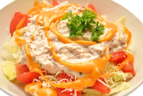 Salad with Tuna and Dressing — Stock Photo, Image