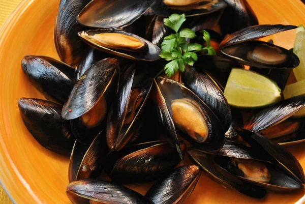 Plate of Mussels Garnished with Parsley & Lime — Stock Photo, Image
