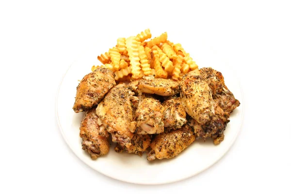 Italian Spiced Chicken Wings Served with Fries — Stock Photo, Image