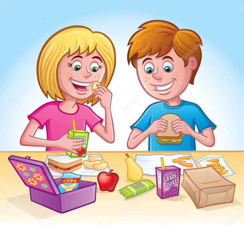 Girl and Boy Eating Lunch at School
