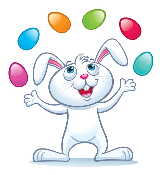 Cartoon Cute Bunny Juggling Colorful Easter Eggs Air — Stock Photo, Image