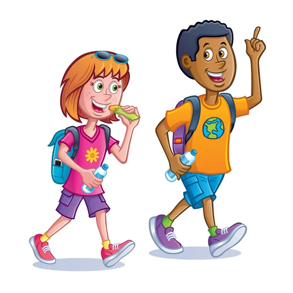 Cartoon Teens Walking Backpacks Carrying Water Bottles — Stock Photo, Image