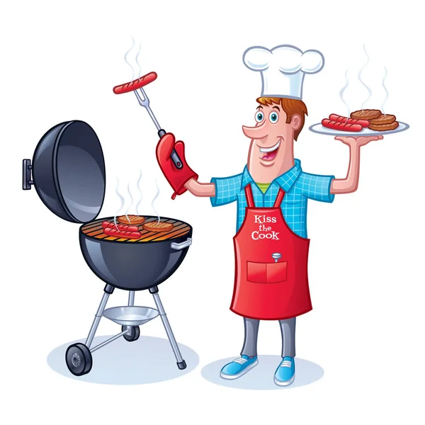 Cartoon of a guy in chefs hat holding up a platter of grilled hamburgers and hot dogs with one hand and a hot dog on a fork in the other while standing next to a barbecue grill with hamburgers and hot dogs cooking.