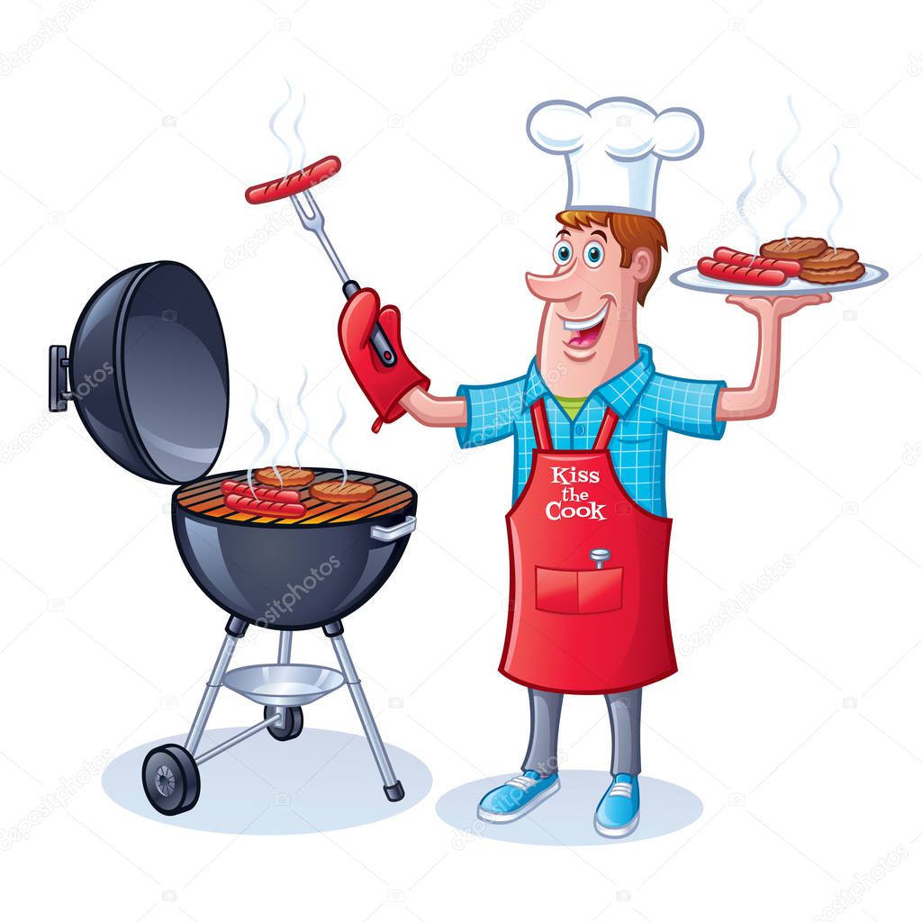 Cartoon of a guy in chefs hat holding up a platter of grilled hamburgers and hot dogs with one hand and a hot dog on a fork in the other while standing next to a barbecue grill with hamburgers and hot dogs cooking.