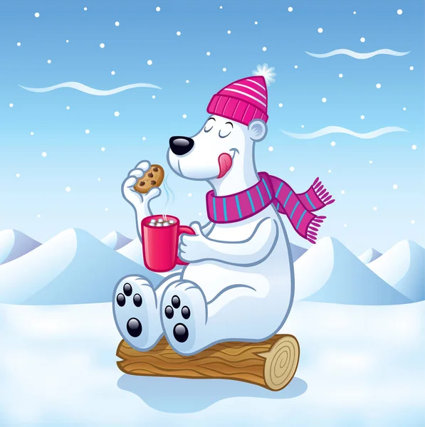 Polar Bear with Hot Cocoa - Cartoon of a polar bear sitting on a log with hot cocoa with marshmallows and chocolate chip cookie in the snow.